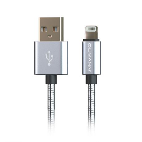 Кабель Lightning, 0.33 м, 2.4А, USB 2.0, металлическая оплётка, Qumann, серебристый, 20211
