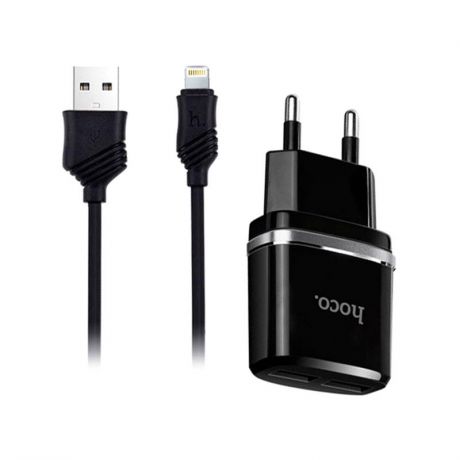 Сетевое зарядное устройство Hoco C12 Smart, 2.4А, 2 USB, с кабелем Lightning, черный