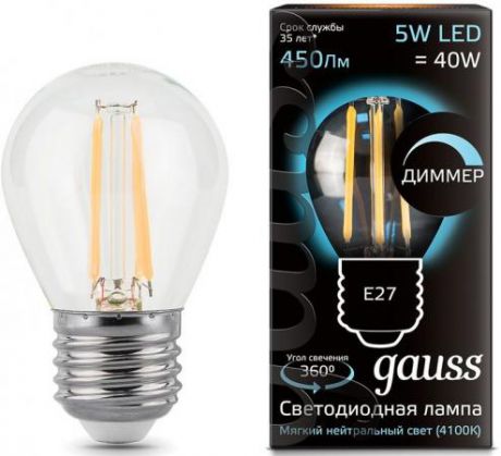 Лампа светодиодная диммируемая филаментная E27 5W 4100К груша прозрачная 105802205-D