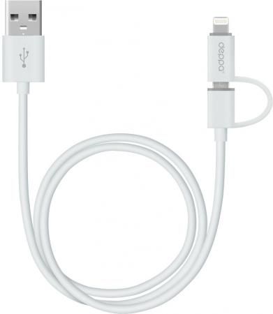 Кабель microUSB 1.2м Deppa 2 в 1 круглый белый + Lightning 72203