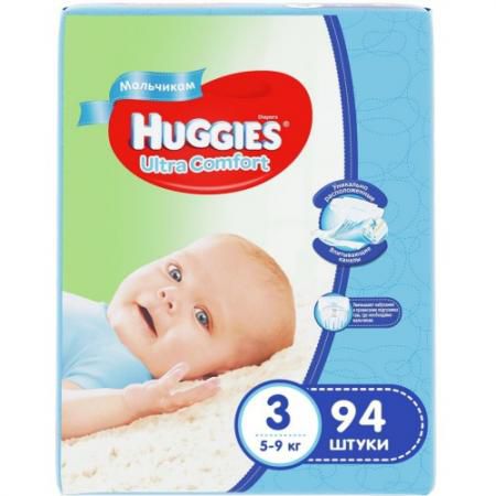 HUGGIES Подгузники Ultra Comfort Размер 3 5-9кг 94шт для мальчиков