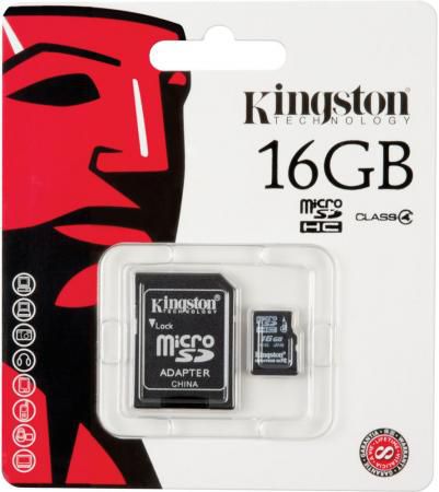 Карта памяти Micro SDHC 16GB Class 4 Kingston SDC4/16GB + адаптер SD