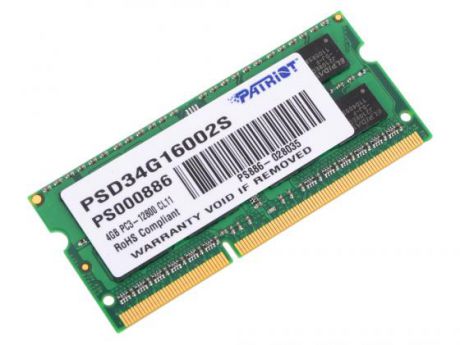 Оперативная память для ноутбука 4Gb (1x4Gb) PC3-12800 1600MHz DDR3 SO-DIMM CL11 Patriot PSD34G16002S