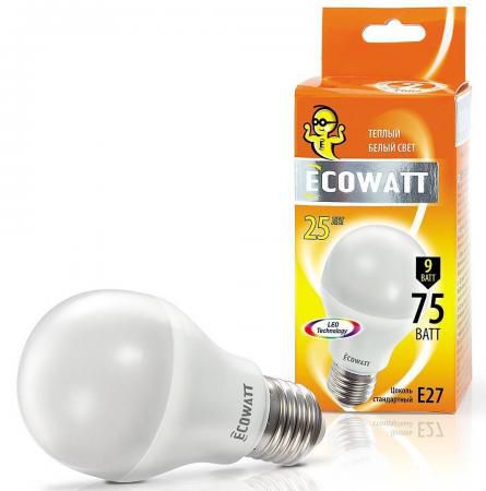 Лампа светодиод. ECOWATT A60 230В 9(75)W 2700K E27 теплый белый свет груша