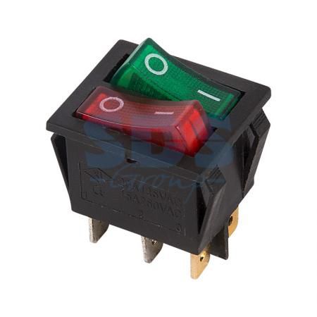 Выключатель клавишный 250V 15А (6с) ON-OFF красный/зеленый с подсветкой ДВОЙНОЙ REXANT 10щт