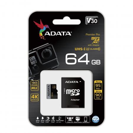 Карта памяти 64GB ADATA Premier Pro microSDXC UHS-I U3 Class 10(V30G) 95 / 90 (MB/s) с адаптером