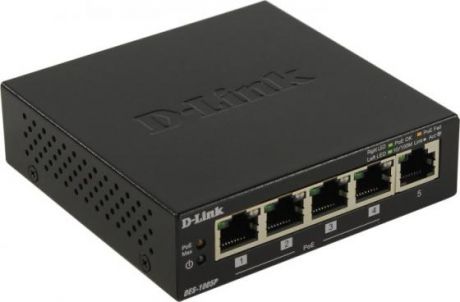 D-Link DES-1005P/B1A Неуправляемый коммутатор с 5 портами 10/100Base-TX (1 порт с поддержкой PoE)