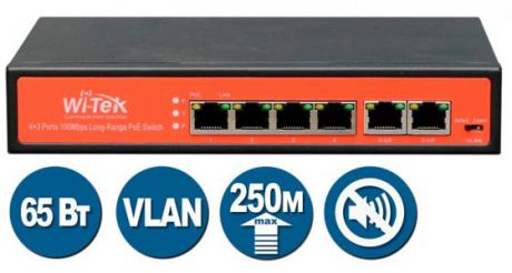 Коммутатор Wi-Tek WI-PS205 неуправляемый 4x10/100Mbps PoE+ 802.3at/af 65Вт 2x10/100Mbps VLAN QoS