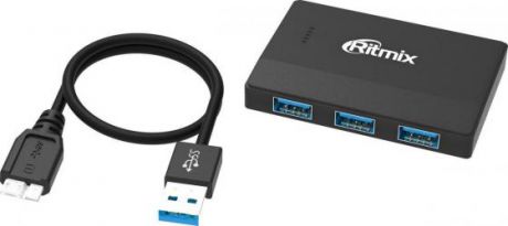 Ritmix Разветвитель USB (USB хаб), на 4 порта USB 3.0 (до 5Гб/с), кабель USB 3.0, покрытие софт тач, Plug-n-Play, питание от USB, 5В, скорость до 480 Мбит/с, компактный корпус (CR-3403)