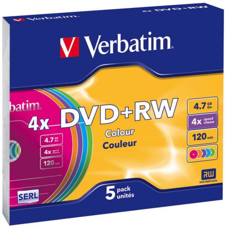 Диски DVD+RW 4.7Gb Verbatim 4x 5 шт Slim Сolor (43297)