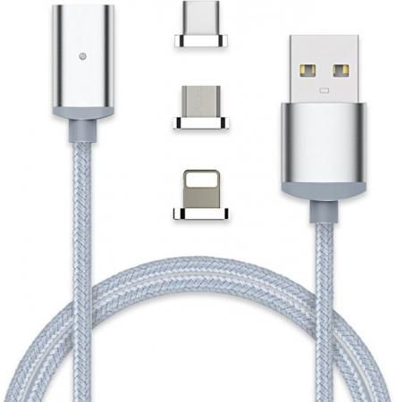 Кабель microUSB 1м VCOM Telecom CU283LMC круглый серебристый + Type-C/Lighting