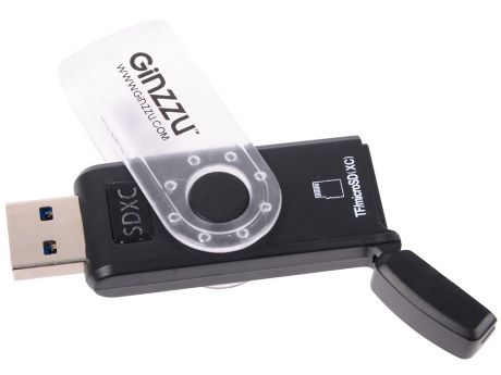 Картридер Ginzzu GR-322B с интерфейсом USB 3.0, SD/SDXC/SDHC/MMC и 2 x microSD/microSDXC/microSDHС, черный