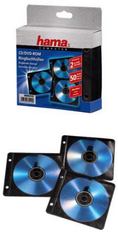 Конверты для 2 CD/DVD, с перфорацией для портмоне с кольцами, 50 шт., полипропилен, черный/прозрачный, Hama 84102