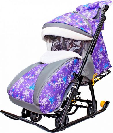 Санки-коляска SNOW GALAXY LUXE Елки на фиолетовом на больших мягких колесах+сумка+муфта
