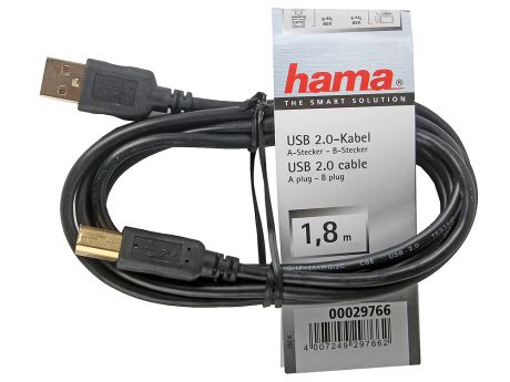 Кабель Hama USB 2.0 A-В (m-m), 1.8 м, позолоченные штекеры, черный H-29766