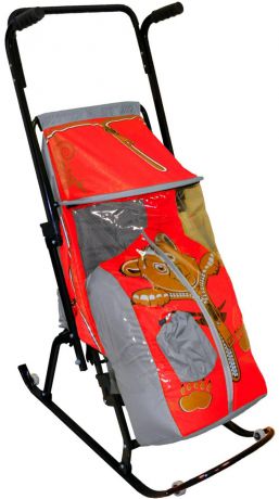 Санки-коляска RT Снегурочка 4-Р Медвежонок с 4 колесиками до 50 кг дюспо металл серый красный