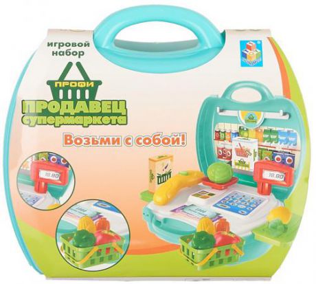 Игровой набор 1toy Профи "Продавец Супермаркета",23 предмета , овощи, корзинка, 2 выдвижн,столика,на