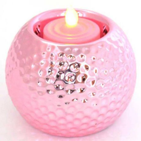 Подсвечник ШАР со свечой LED, 1 шт, 8*7,5 см, керамика, пластик, розовый