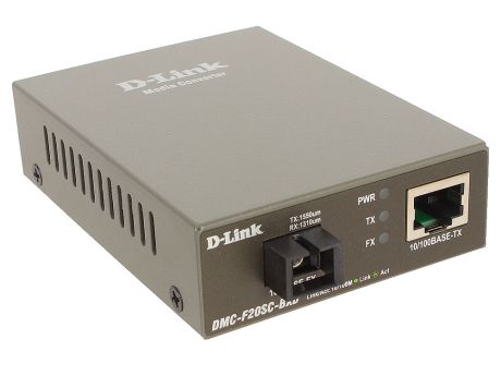 Медиаконвертер D-Link DMC-F20SC-BXD/A1A WDM медиаконвертер с 1 портом 10/100Base-TX и 1 портом 100Base-FX с разъемом SC (ТХ: 1550 нм; RX: 1310 нм ) дл