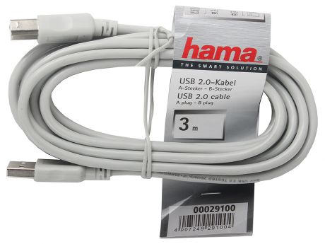 Кабель Hama USB 2.0 A-B (m-m), 3.0 м, серый H-29100