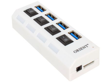 Концентратор USB 3.0 ORIENT BC-307PS, USB 3.0 HUB 4 Ports, c БП-зарядником 2xUSB (5В, 2.1А), выключатели на каждый порт, белый