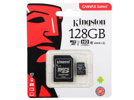 Карта памяти MicroSDXC 128GB Kingston Canvas Select 80R CL10 UHS-ISP с адаптером (SDCS/128GB)