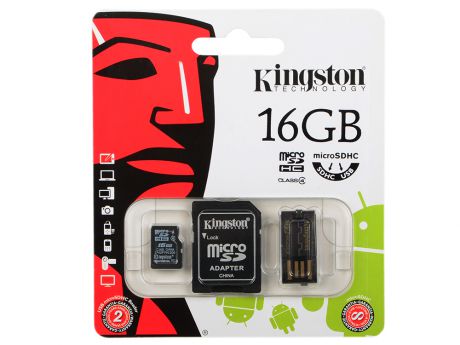 Карта памяти MicroSDHC 16GB Kingston Class 4 + адаптер, ридер (MBLY4G2/16GB)