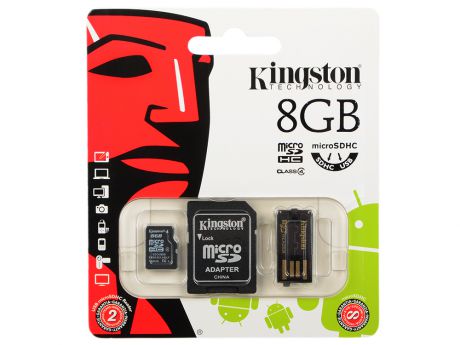 Карта памяти MicroSDHC 8GB Kingston Class 4 + адаптер, ридер (MBLY4G2/8GB)