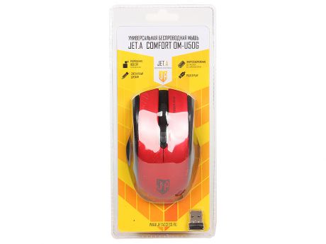 Мышь беспроводная Jet.A OM-U50G Red Comfort USB оптическая, 1600 dpi, 2 кнопки + колесо