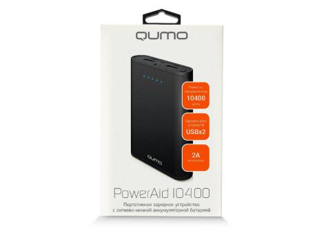 Внешний аккумулятор Qumo PowerAid 10400, 10400 мА-ч, 2 USB 1A+2A (2.1А сумм), вход до 1.5А, черный, корпус ABS пластик