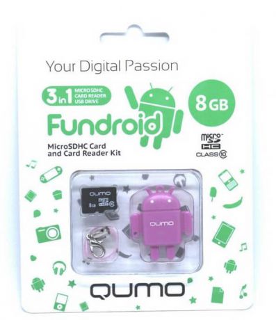 Карта памяти Micro SDHS 8GB class 10 Qumo + USB картридер FUNDROID розовый