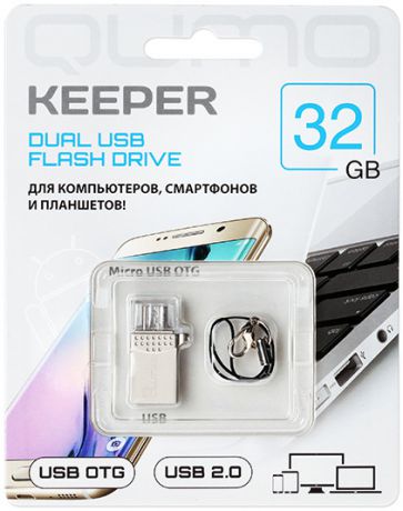 Внешний накопитель 32GB USB Drive <USB 2.0> Qumo Keeper c поддержкой OTG через MicroUSB и РС через USB. (QM32GUD-Keep)