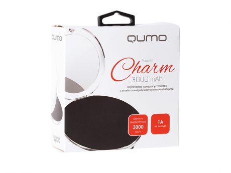 Внешний аккумулятор Qumo PowerAid Charm, литий-полимерный, 3000 мА-ч, 1 USB 1A, вход 1А, форма пудренницы с зеркалом