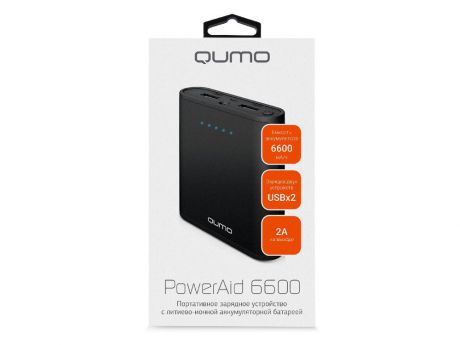 Внешний аккумулятор Qumo PowerAid 6600, 6600 мА-ч, 2 USB 1A+2A (2.1А сумм), вход до 1.5А, черный, корпус ABS пластик