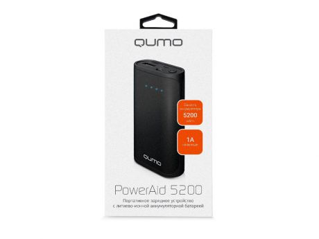 Внешний аккумулятор Qumo PowerAid 5200, 5200 мА-ч, 1xUSB 1A, вход до 1А, черный, корпус ABS пластик