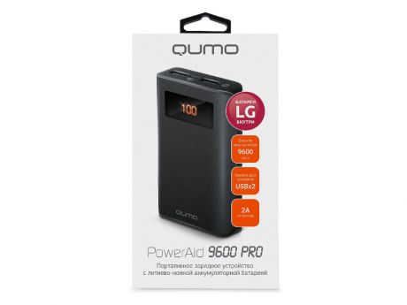 Внешний аккумулятор Qumo PowerAid 9600 PRO, 9600 мА-ч, 2 USB 1A+2A, вход до 2А, черный, корпус ABS пластик. батарея LG, LCD экран