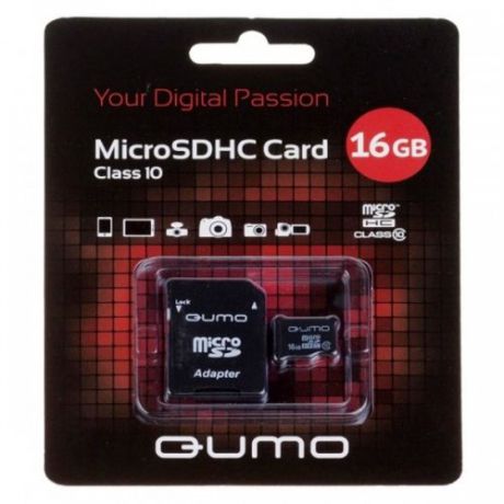 Карта памяти Micro SDHS 16GB class 10 Qumo с адаптером SD, черно-красная картонная упаковка