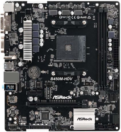 Материнская плата ASRock B450M-HDV AM4, AMD B450, 2xDDR4, 2xPCI-Ex16, PCI-Ex1, D-SUB, HDMI, DVI, SATAIII+RAID, M.2, GB Lan, USB3.1, mATX, Retail