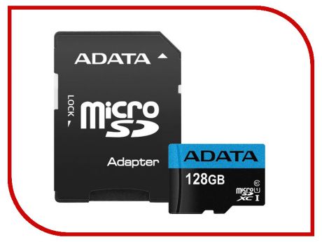 Карта памяти 128Gb - A-Data Premier - Micro Secure Digital XC Class 10 UHS-I AUSDX128GUICL10A1-RA1 с переходником под SD