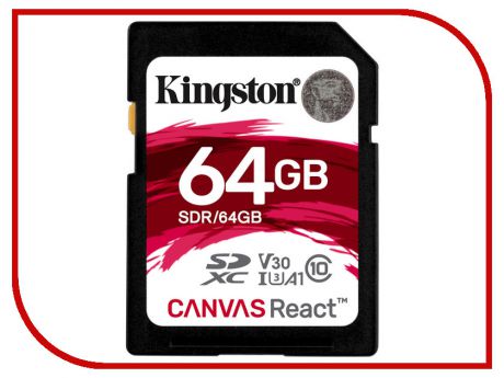 Карта памяти 64GB - Kingston SDXC Canvas React 100R/80W CL10 UHS-I U3 V30 A1 SDR/64GB