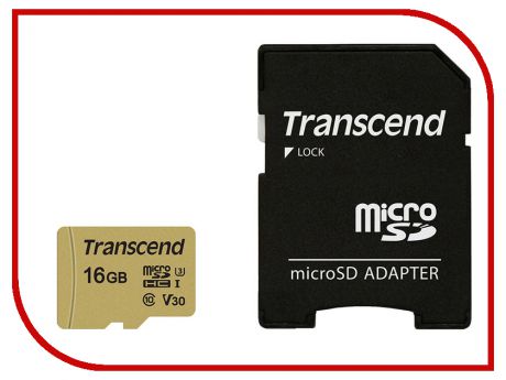 Карта памяти 16Gb - Transcend - Micro Secure Digital HC UHS-I U3 Class 10 TS16GUSD500S с переходником под SD