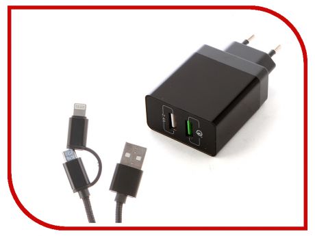 Зарядное устройство DF Tor-03 2xUSB QC 3.0 Smart Charge + Кабель MicroUSB/Lightning