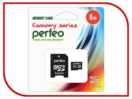 Карта памяти 8Gb - Perfeo Micro Secure Digital HC Class 10 PF8GMCSH10AES с переходником под SD