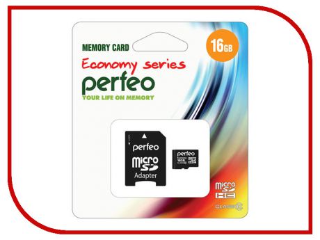Карта памяти 16Gb - Perfeo Micro Secure Digital HC Class 10 PF16GMCSH10AES с переходником под SD