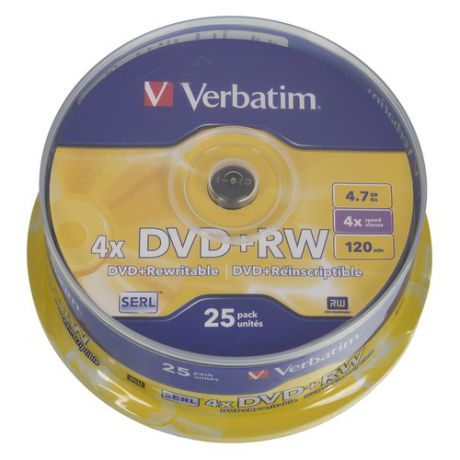Оптический диск DVD+RW VERBATIM 4.7Гб 4x, 25шт., cake box [43489]