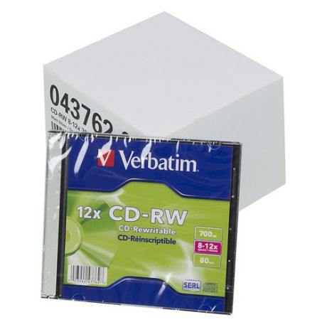 Оптический диск CD-RW VERBATIM 696Мб 12x, 20шт., 43762, slim case