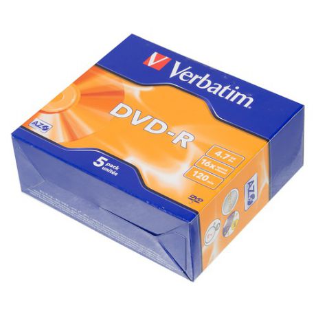 Оптический диск DVD-R VERBATIM 4.7Гб 16x, 5шт., jewel case [43519]