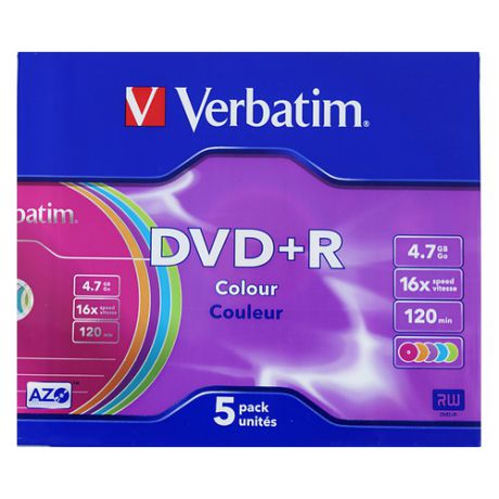 Оптический диск DVD+R VERBATIM 4.7Гб 16x, 5шт., slim case, разноцветные [43556]