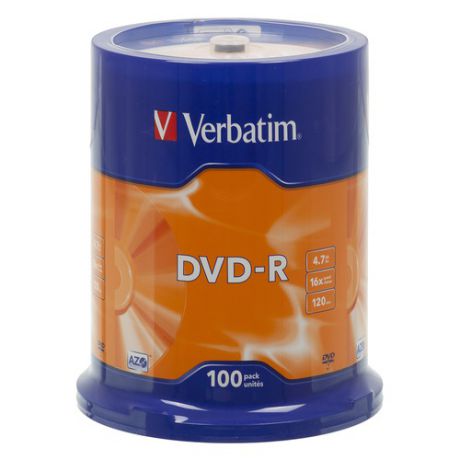 Оптический диск DVD-R VERBATIM 4.7Гб 16x, 100шт., cake box [43549]