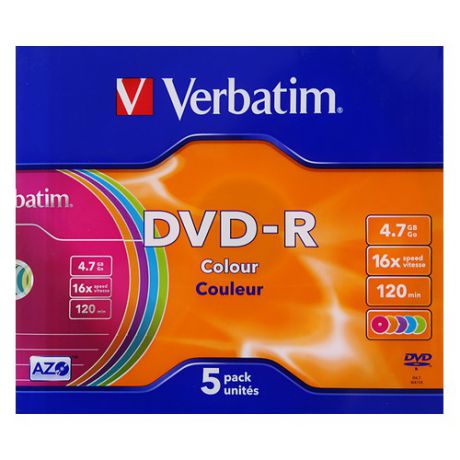 Оптический диск DVD-R VERBATIM 4.7Гб 16x, 5шт., slim case, разноцветные [43557]